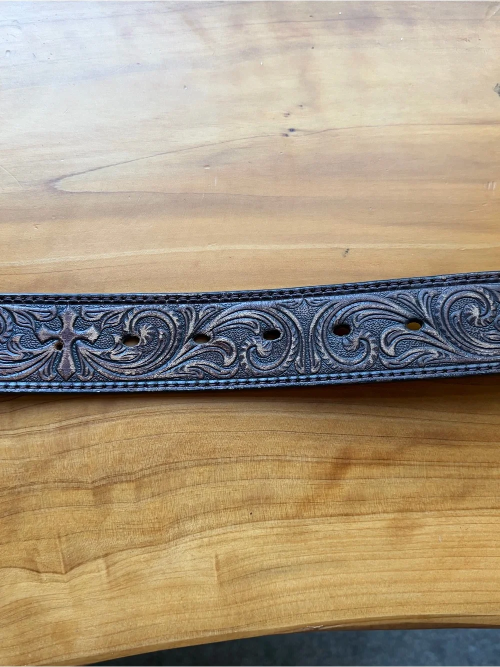 Nocona Brown Tooled Leather Belt with Silver-Tone Buckle and Turquoise Cross